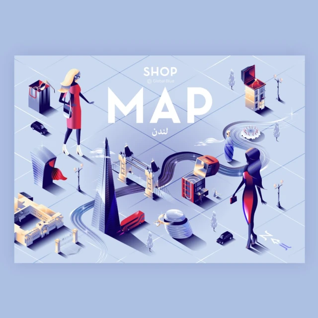 Isometric illustration of two women in a city setting with landmarks, roads, cars, and various buildings, presented on a light blue background.