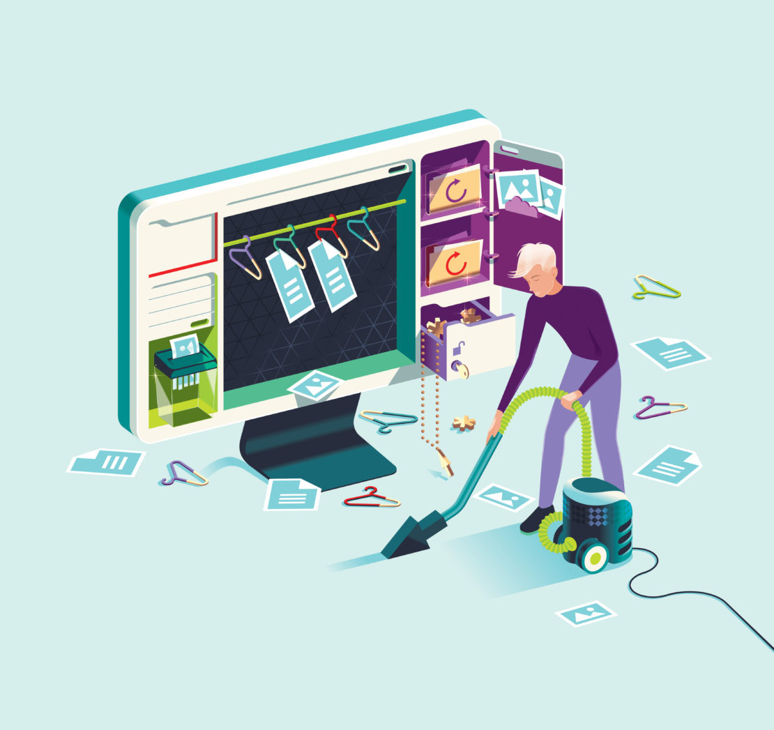 Illustration of a man vacuuming documents around a computer screen displaying file folders and paper shredder icons, against a light background.
