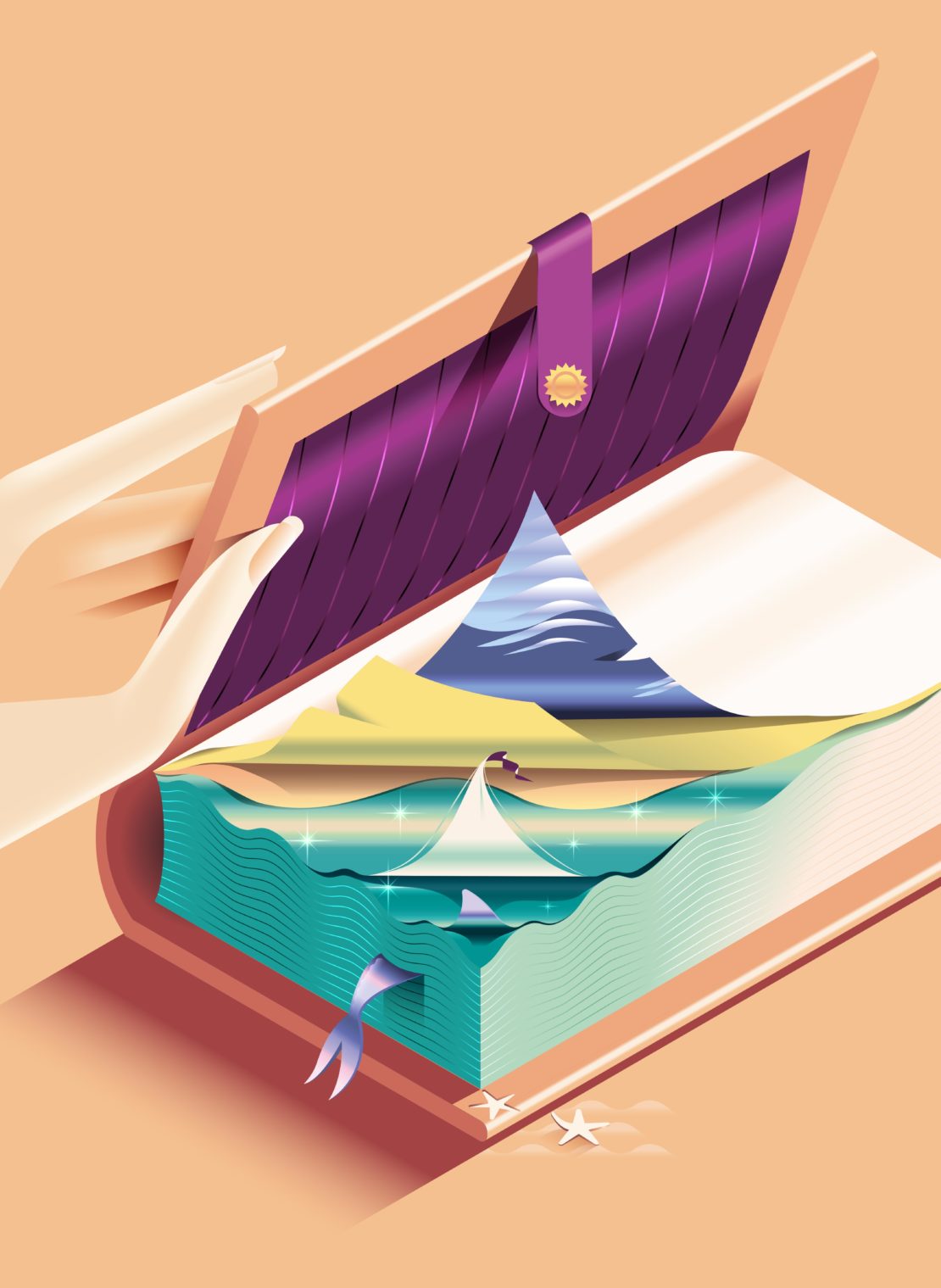 An illustrated open book revealing layered paper landscapes with a miniature sailboat on water inside.