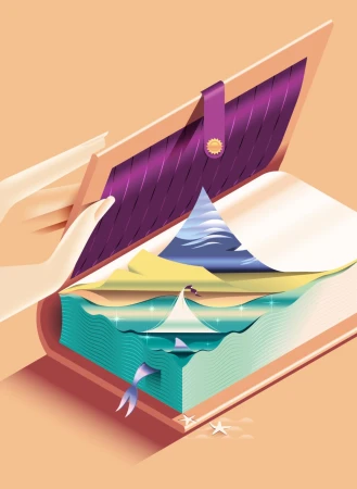 An illustrated open book revealing layered paper landscapes with a miniature sailboat on water inside.