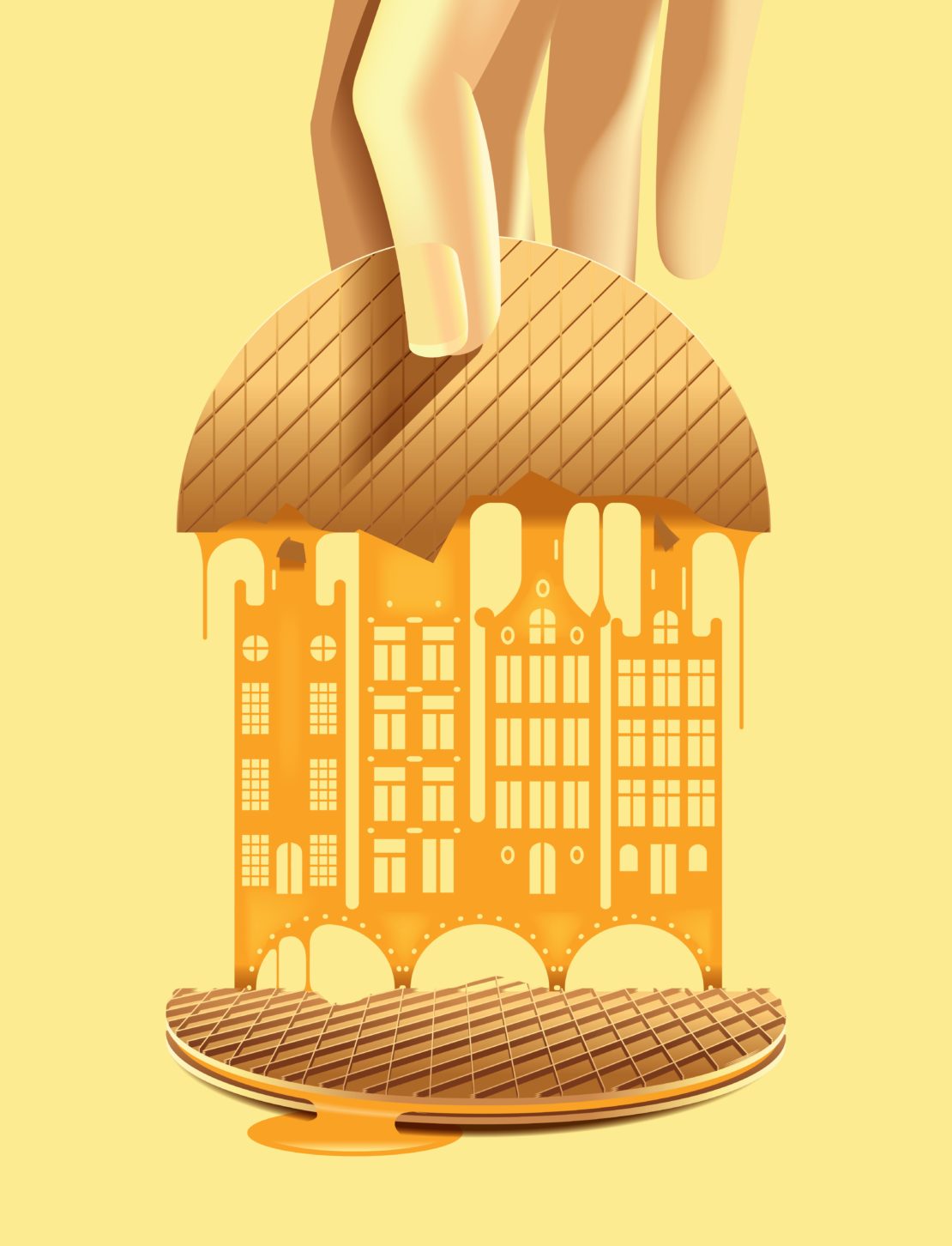 Digital illustration of a human hand holding a stroopwafel with building cutouts and caramel, set against a solid pale-yellow background.