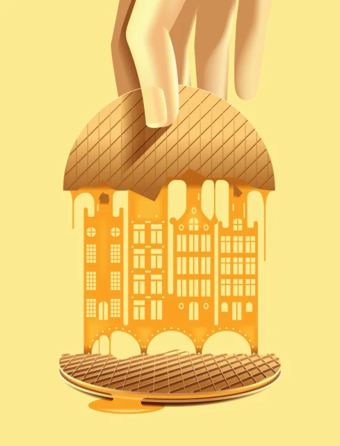 Digital illustration of a human hand holding a stroopwafel with building cutouts and caramel, set against a solid pale-yellow background.