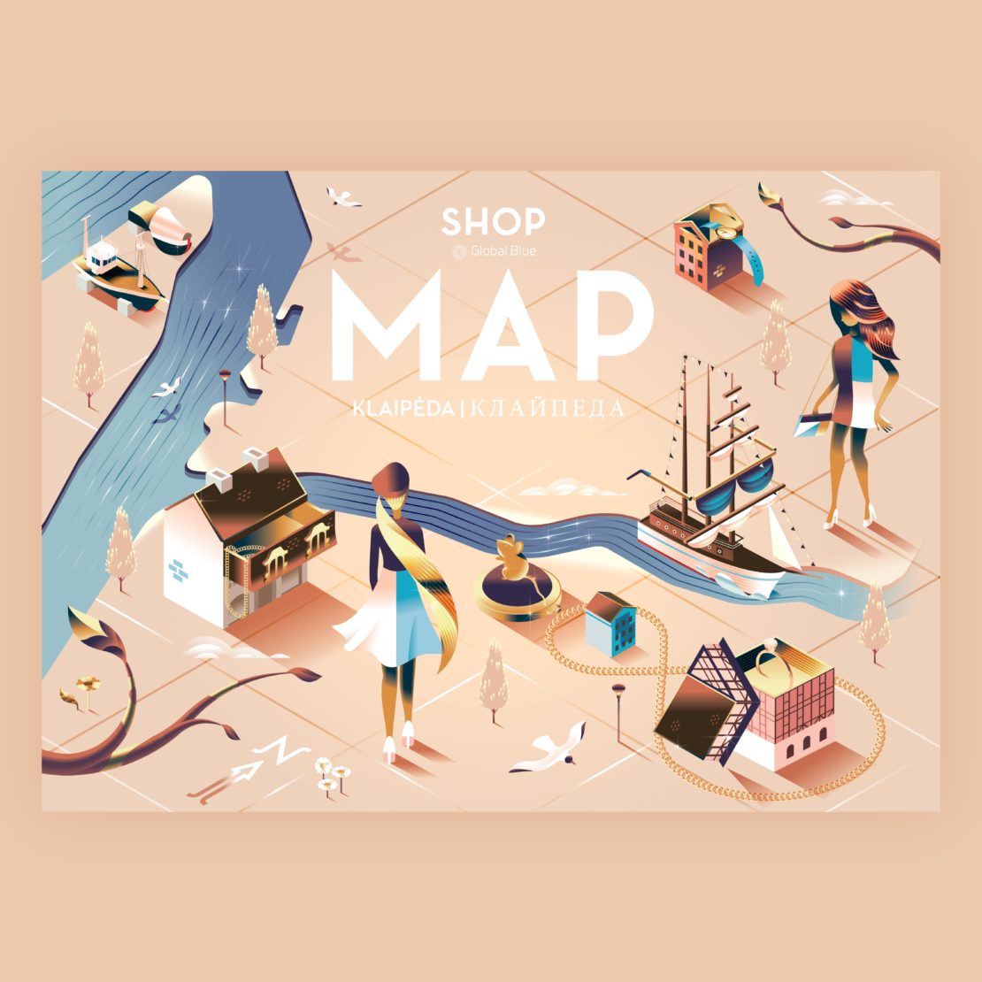 Isometric illustration features women in dresses, boats, houses, and the text "SHOP MAP KLAIPEDA" on a peach background.