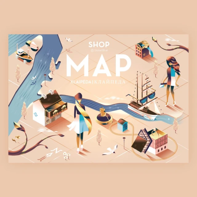 Isometric illustration features women in dresses, boats, houses, and the text "SHOP MAP KLAIPEDA" on a peach background.