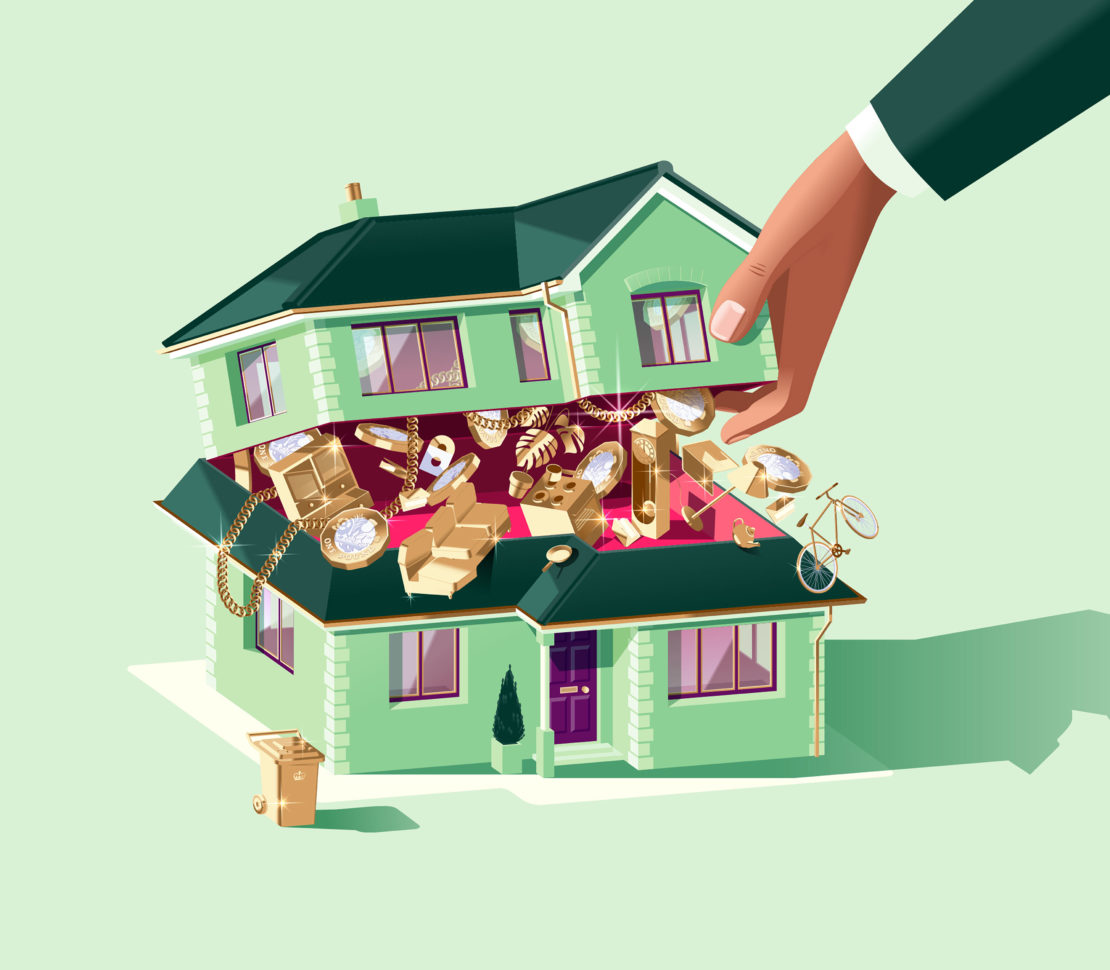 Illustration of an open, green house containing golden household objects and a hand reaching towards the top half of the house.