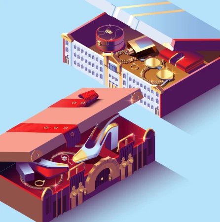 Isometric illustration of two open gift boxes revealing miniature architectural buildings filled with luxury items and accessories.