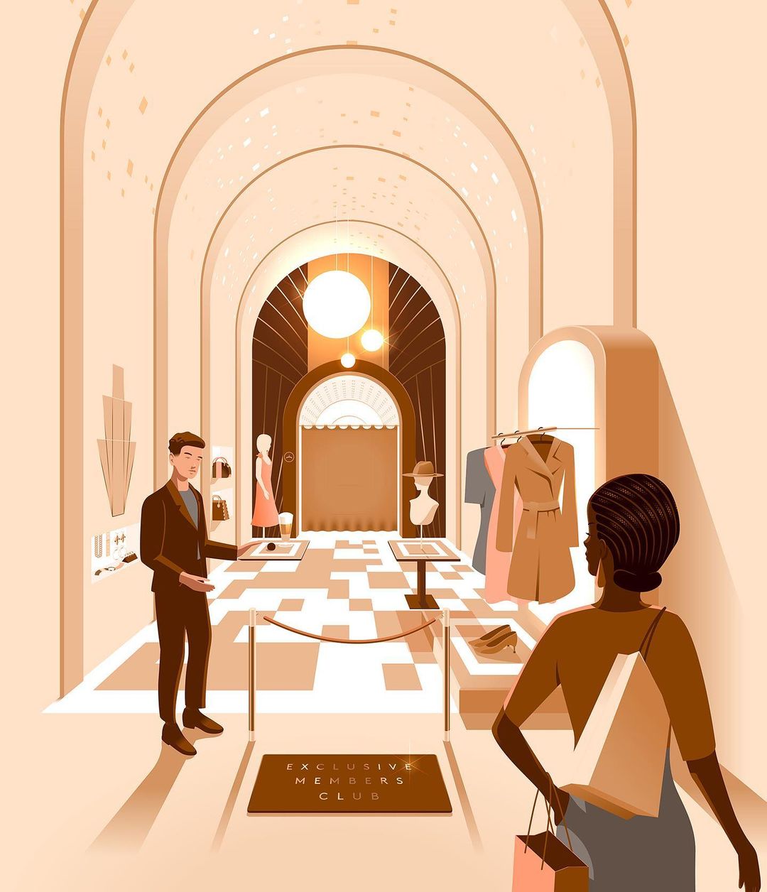 Illustration of a stylish retail space interior with people browsing clothing and accessories; warm color scheme and modern design.