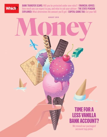 Magazine cover features melting ice cream cone with credit card, plane, earth, car, and bank account text against pink background.