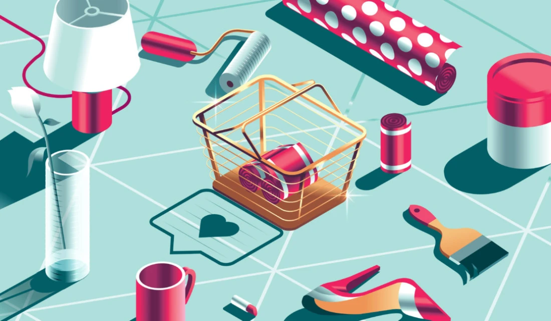 Overhead shot of a shopping basket surrounded by home improvement and decorating supplies on a blue geometric patterned surface.