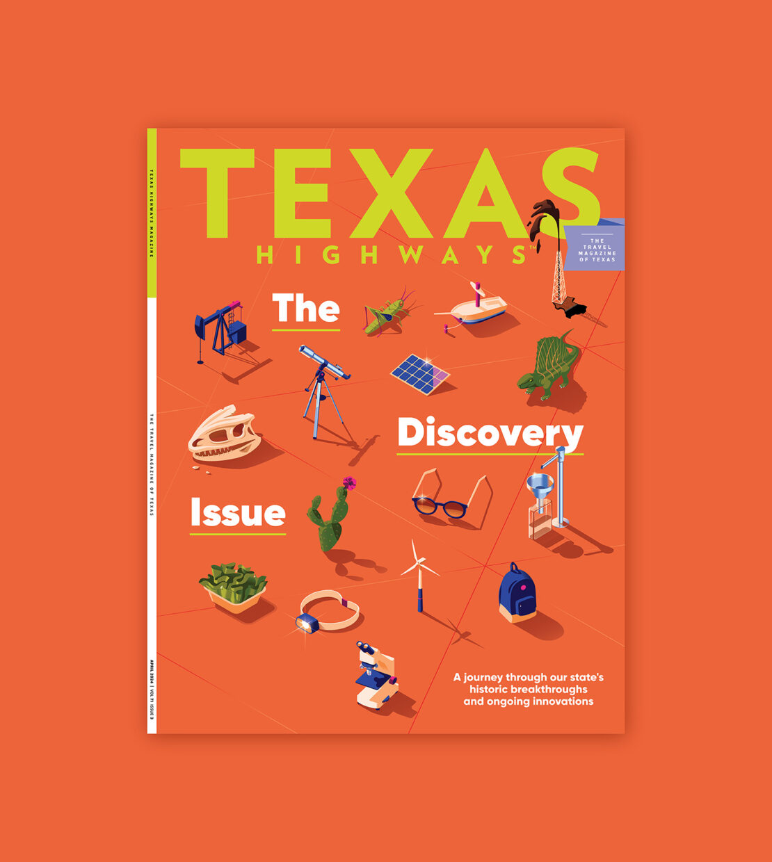 Illustration of a magazine cover with the words 'Texas Highways: The Discovery Issue' and various objects, set against an orange background.