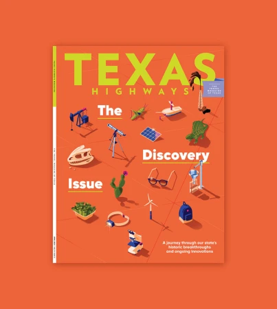 Illustration of a magazine cover with the words 'Texas Highways: The Discovery Issue' and various objects, set against an orange background.