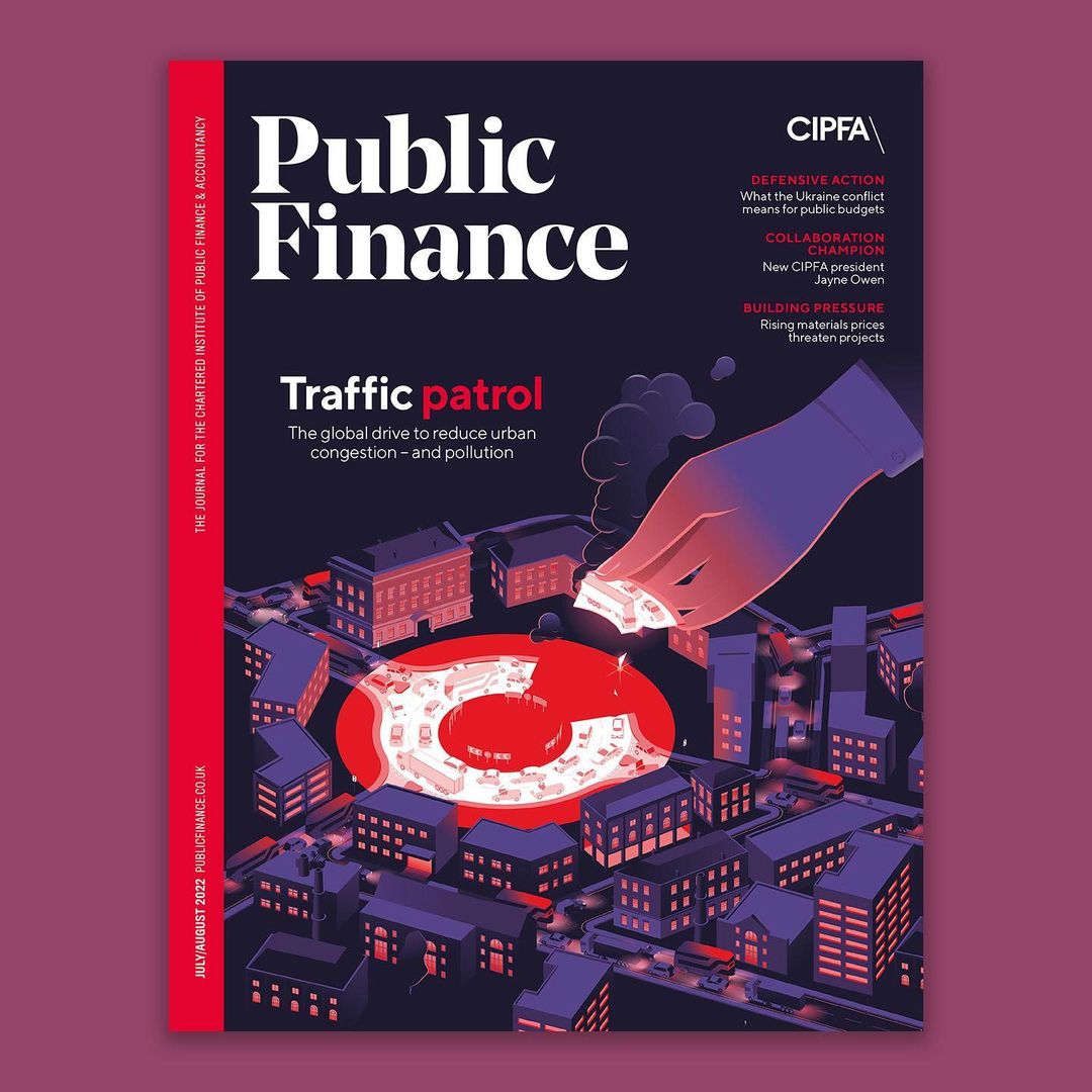 Public Finance magazine cover featuring a hand 'cleaning' city traffic, highlighting urban congestion and pollution issues.