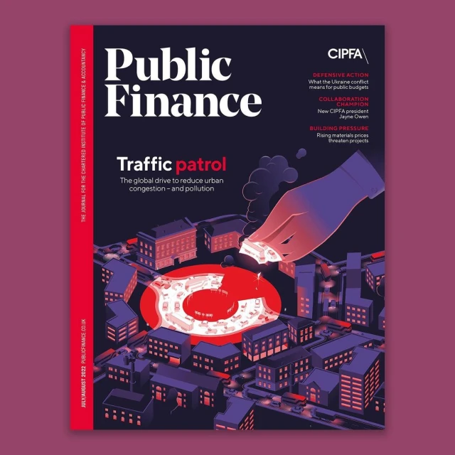 Public Finance magazine cover featuring a hand 'cleaning' city traffic, highlighting urban congestion and pollution issues.
