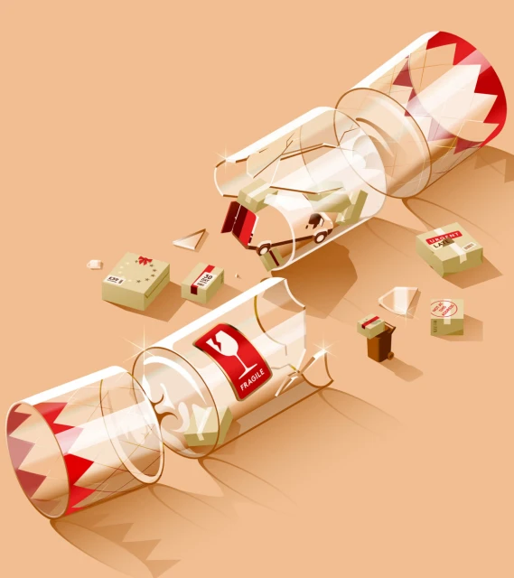 Illustration of a broken Christmas cracker revealing miniature packages on a tan surface, creating a surreal festive image.