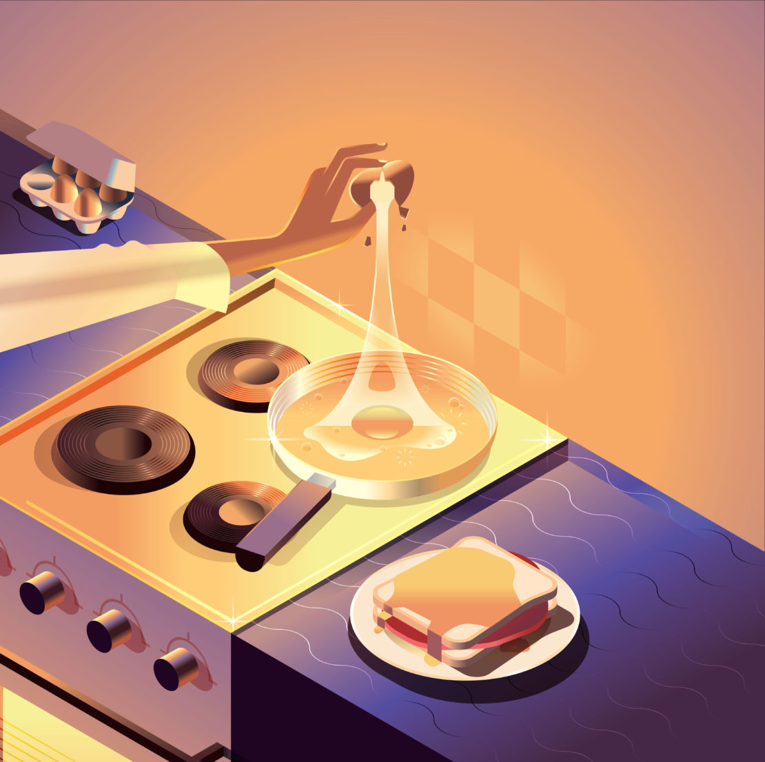 Whimsical vector illustration of an egg being cracked into a frying pan, with the Eiffel Tower shape forming in the egg white.