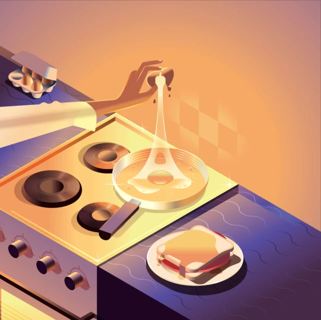 Whimsical vector illustration of an egg being cracked into a frying pan, with the Eiffel Tower shape forming in the egg white.