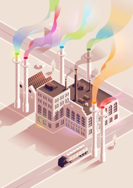 Isometric vector art of a factory emitting colorful smoke into the sky, with a tanker truck nearby, on a light peach background.