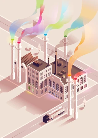Isometric vector art of a factory emitting colorful smoke into the sky, with a tanker truck nearby, on a light peach background.