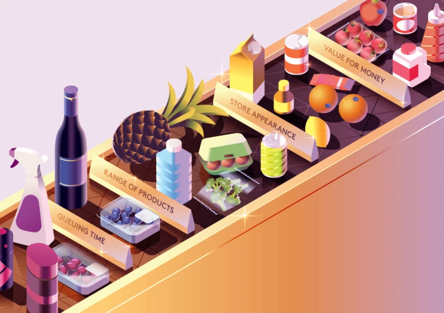 Isometric illustration of supermarket conveyor belt with fresh produce, canned goods, and cleaning products on a gradient background.