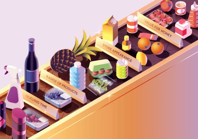 Isometric illustration of supermarket conveyor belt with fresh produce, canned goods, and cleaning products on a gradient background.