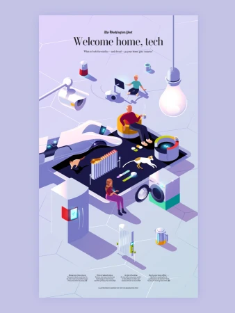 Conceptual illustration showcasing smart home technology: security cameras, lighting, appliances, and figures interacting via devices.
