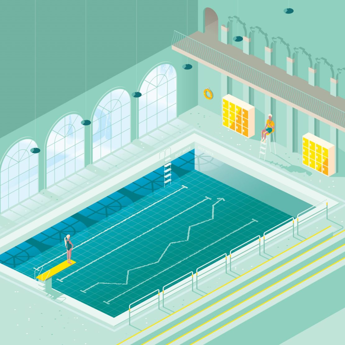 Illustration of an indoor swimming pool with one female figure on the diving board and one male figure on a lifeguard stand.