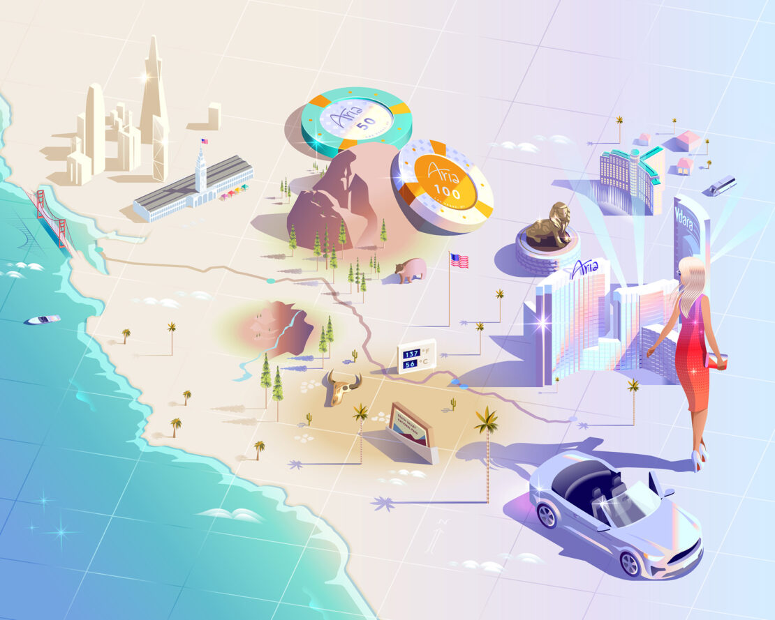 Illustration of a woman standing near a car on a map of California featuring landmarks and casino chips, creating a vibrant, travel-themed scene.