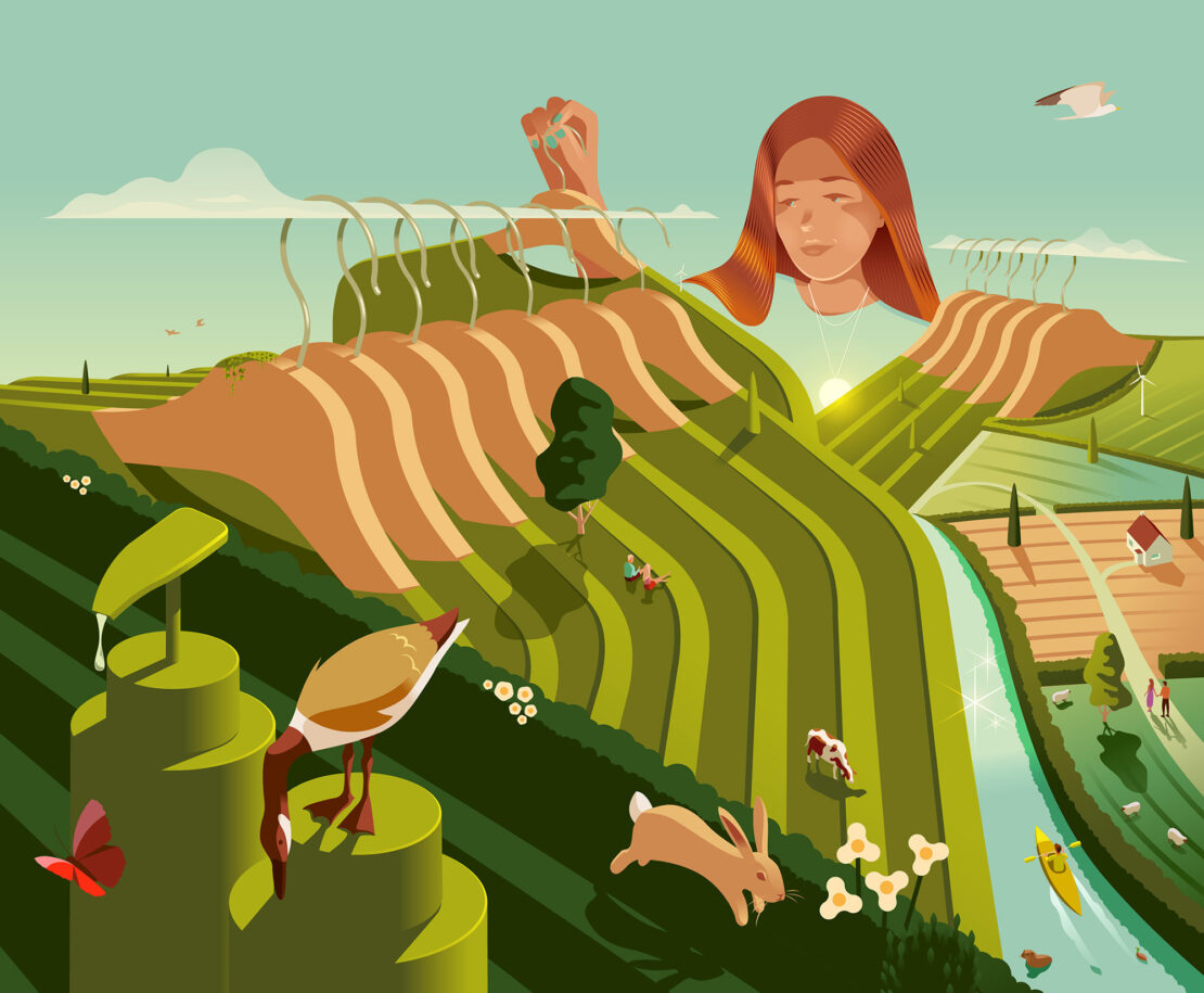 Illustration showing a woman merged with a farmland landscape and blue sky, incorporating clothing hangers, trees, and animals.