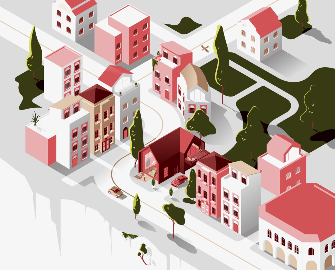 Isometric illustration of a neighborhood featuring houses, green spaces, and roads, rendered in a palette of white, red, and green tones.