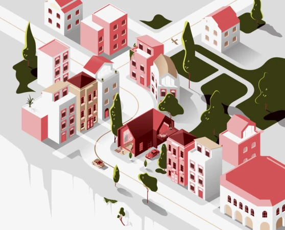 Isometric illustration of a neighborhood featuring houses, green spaces, and roads, rendered in a palette of white, red, and green tones.