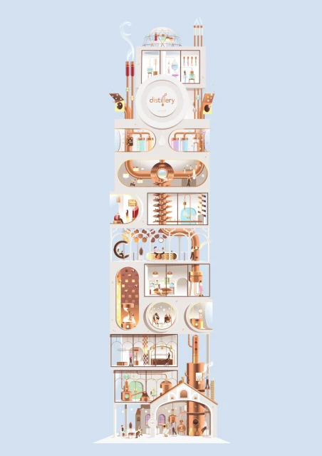 Illustration of a multi-tiered distillery with copper accents, glass vials, and miniature people inside a white architectural structure.