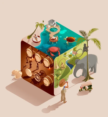 Isometric art illustration featuring barrel storage, ocean bungalow, a rice paddy landscape, and an Asian elephant with a woman in a hat.