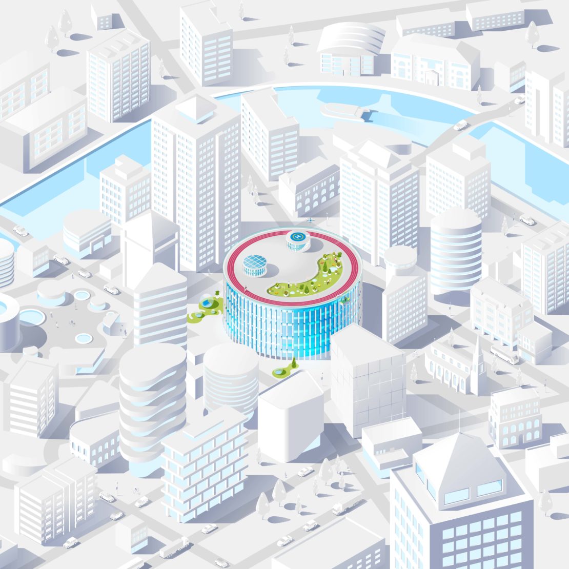 Aerial view of a modern, cylindrical building with a rooftop garden in a cityscape, rendered in a bright, vector style.