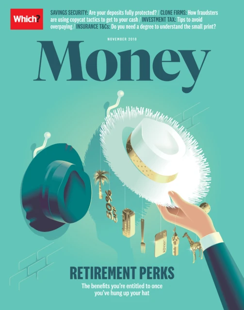 Cover of 'Money' magazine, November 2018, featuring hats and retirement-themed objects in a teal color scheme.