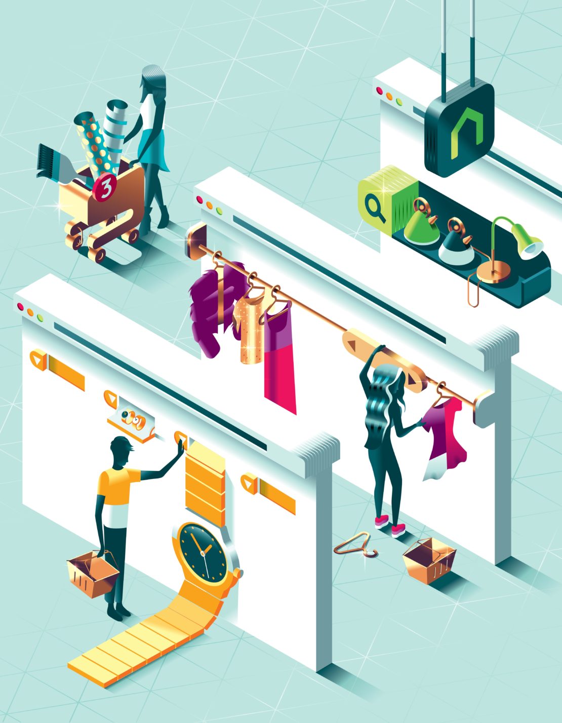 Isometric illustration of people shopping online. A woman pushes a shopping cart while another woman is picking clothes on the clothing rack.