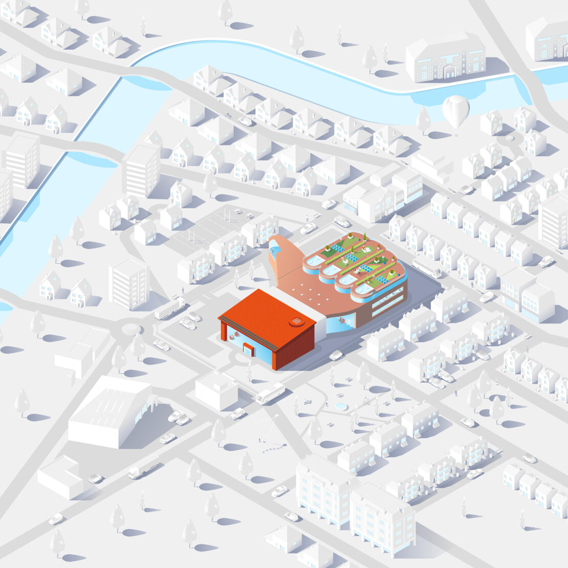 Aerial view illustration of a modern shopping centre with a green rooftop garden, surrounded by white buildings and winding roads.
