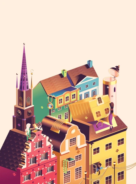 Whimsical illustration showcases colorful buildings, including a church with a spire, adorned with beads and miniature people.