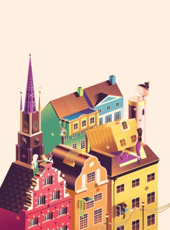 Whimsical illustration showcases colorful buildings, including a church with a spire, adorned with beads and miniature people.