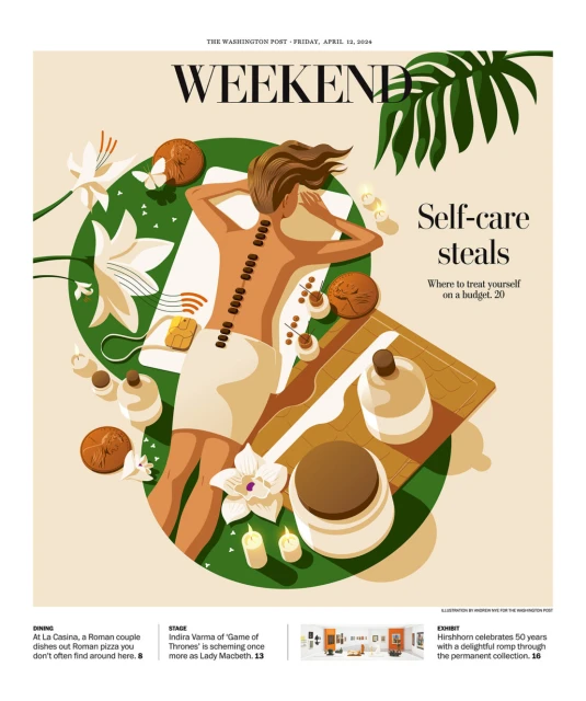 Illustration of a person lying on their stomach receiving a hot stone massage with tropical leaves and beauty products surrounding.