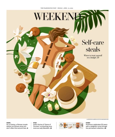 Illustration of a person lying on their stomach receiving a hot stone massage with tropical leaves and beauty products surrounding.