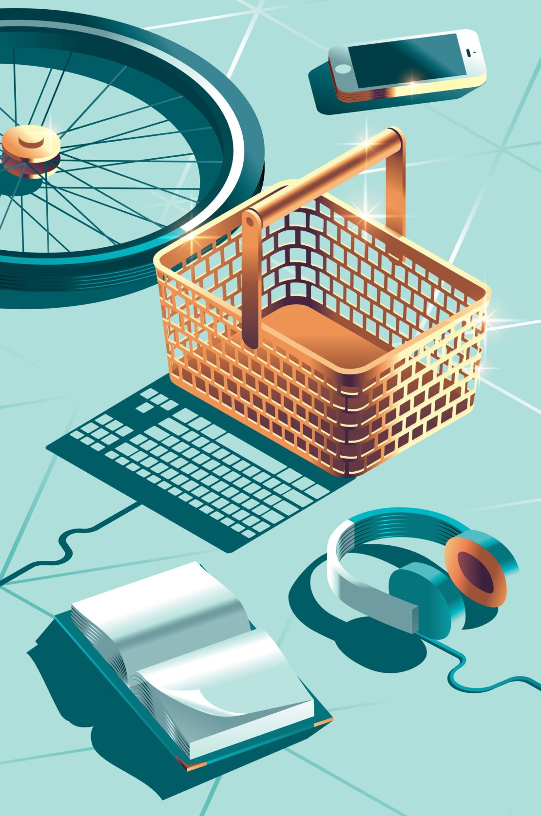 Still life illustration of a shopping basket, smartphone, bicycle wheel, headphones, and open book on a light blue background.