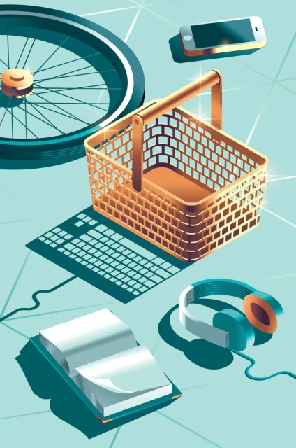 Still life illustration of a shopping basket, smartphone, bicycle wheel, headphones, and open book on a light blue background.