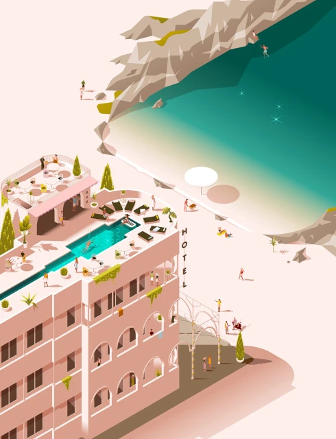 Illustration of a multi-story hotel by the sea with a pool, beach, cliffs, and minimalist human figures enjoying vacation activities.