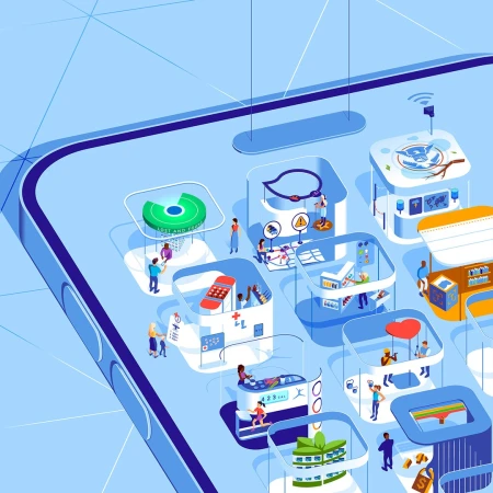 Isometric illustration of a large smartphone interface with various interactive scenes and miniature figures in a digital environment.