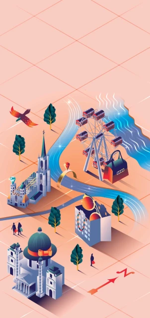 Isometric illustration of a city map with buildings, trees, a ferris wheel, and river, presented in a bright, colorful, cartoonish style.