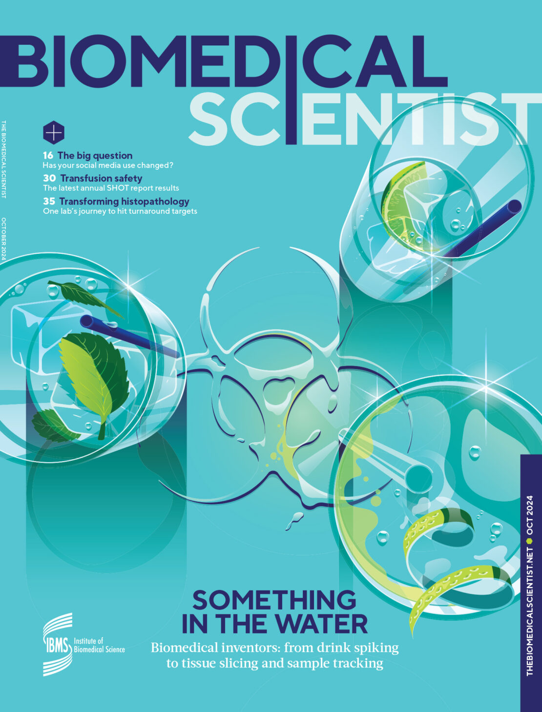 Magazine cover art features glasses of liquid, a biohazard symbol, and medical text, set against a teal background.