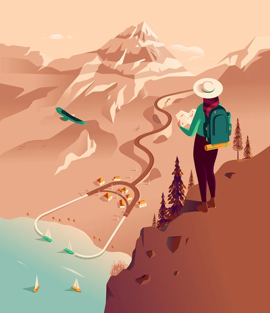 Illustration of a female hiker standing on a cliff overlooking a lake, village, and mountain range in a stylized landscape.