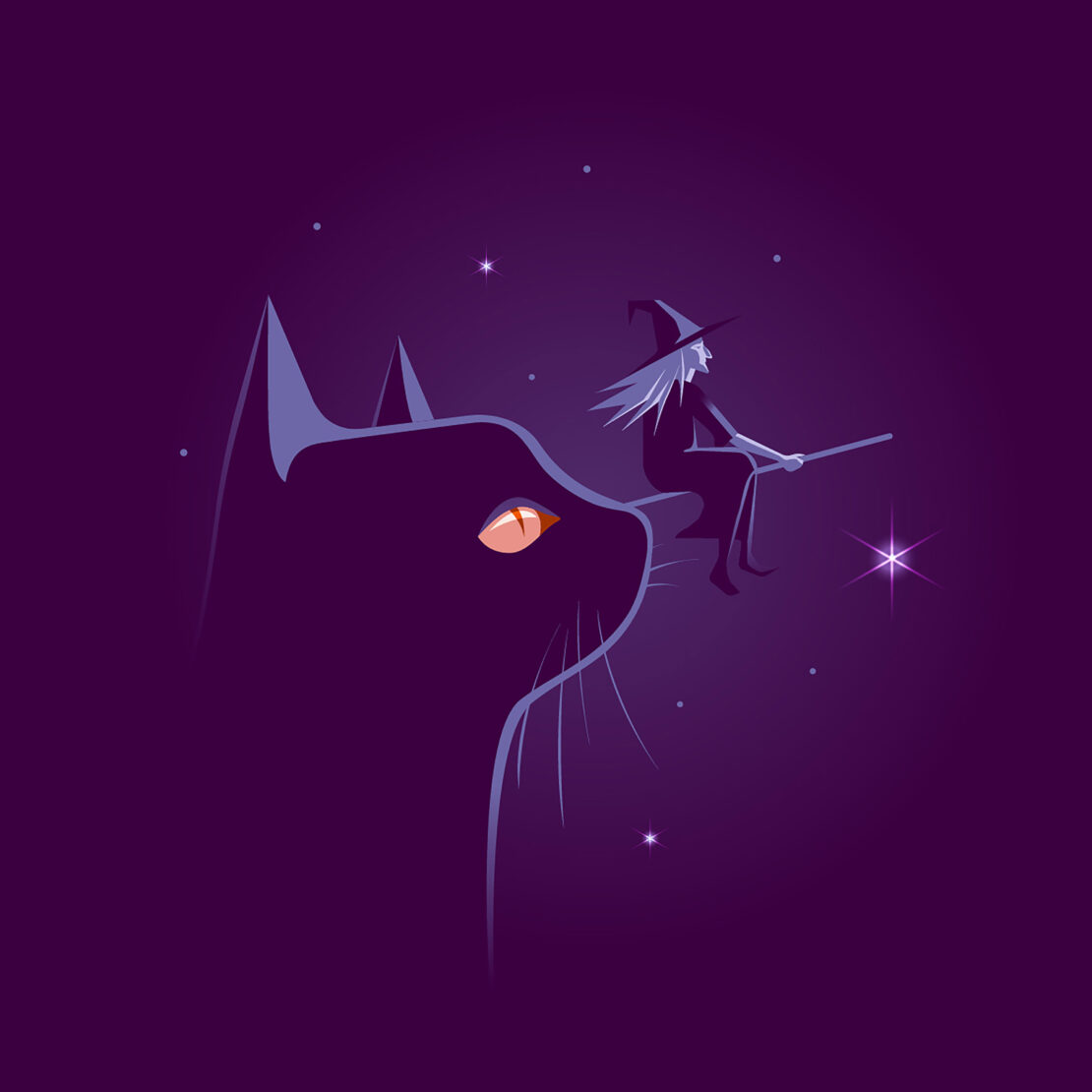 Stylized image of a witch with white hair riding on a broomstick atop a black cat against a dark purple, star-filled sky.