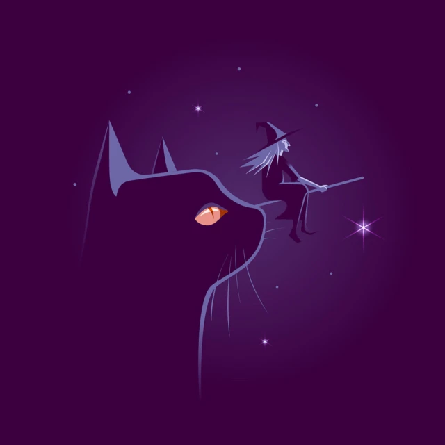 Stylized image of a witch with white hair riding on a broomstick atop a black cat against a dark purple, star-filled sky.