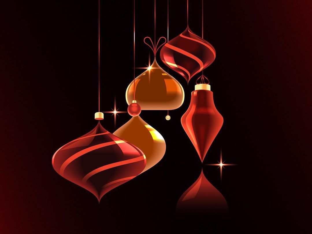Illustration of red and gold Christmas ornaments hanging against a dark red background with sparkling light effects. Festive and decorative.